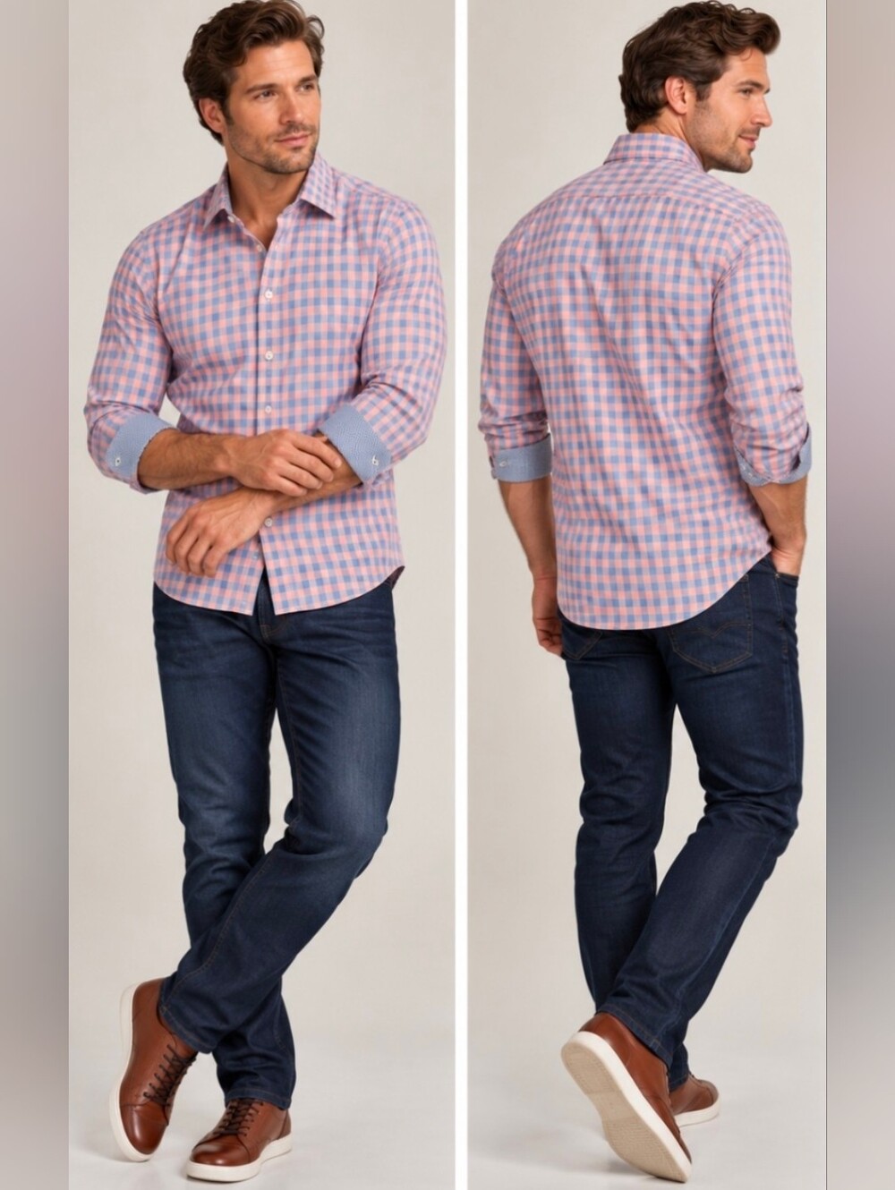 Egara Orange (Melon) & Blue Check Slim Fit Sport Shirt Size M